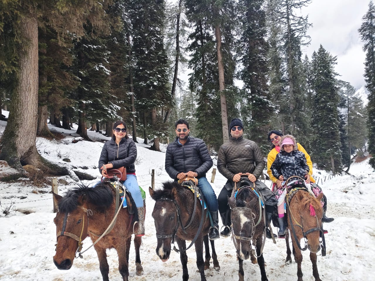 Winter vacation with friends in snowy mountains